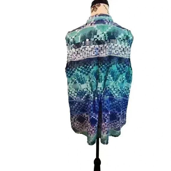 Millennium XL Multicolor Geometric Print Button Down Sheer Blouse Sleeveless - Picture 5 of 6